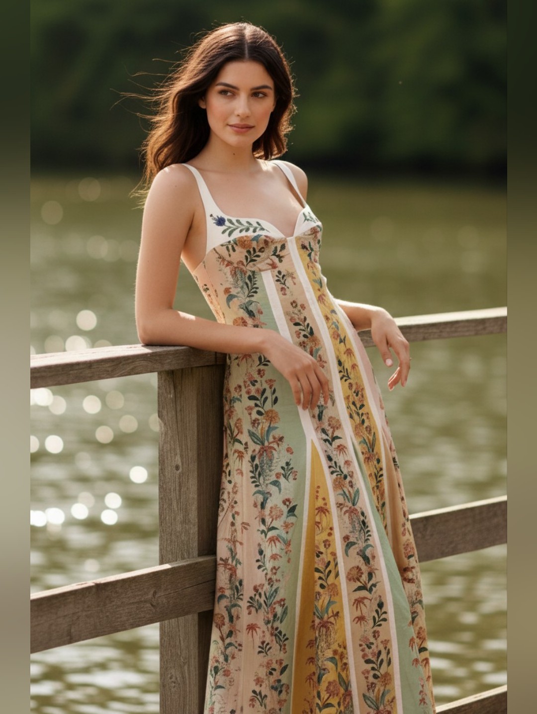 Cotton Blend Retro Floral Panel Boho Sweetheart Neck Panel Patchwork Maxi Dress